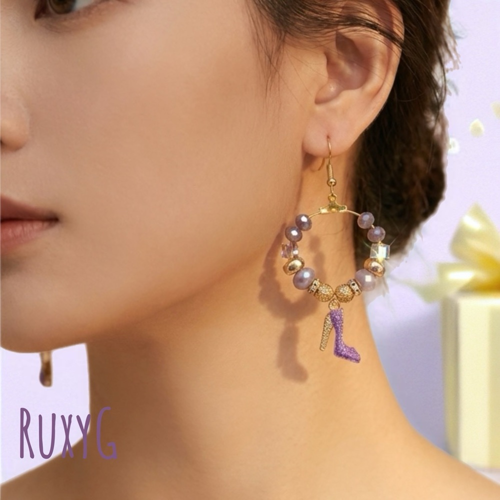 Purple and Gold Hoop Earrings with Heel 👠 Charm
